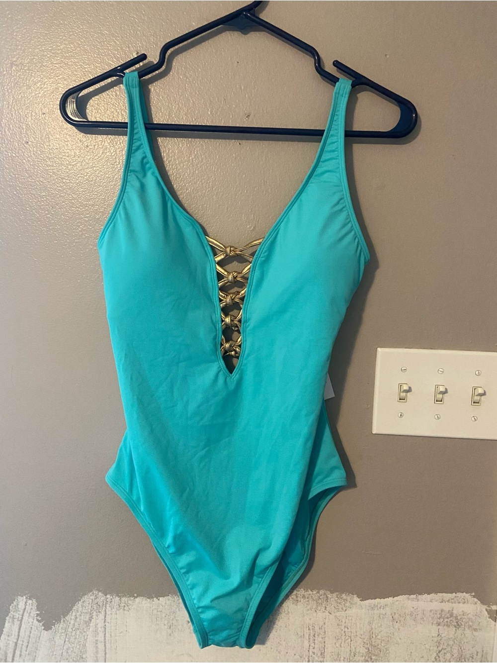 Bleu Rod Beattie Teal One-Piece Swimsuit with Gold Lace-Up Front